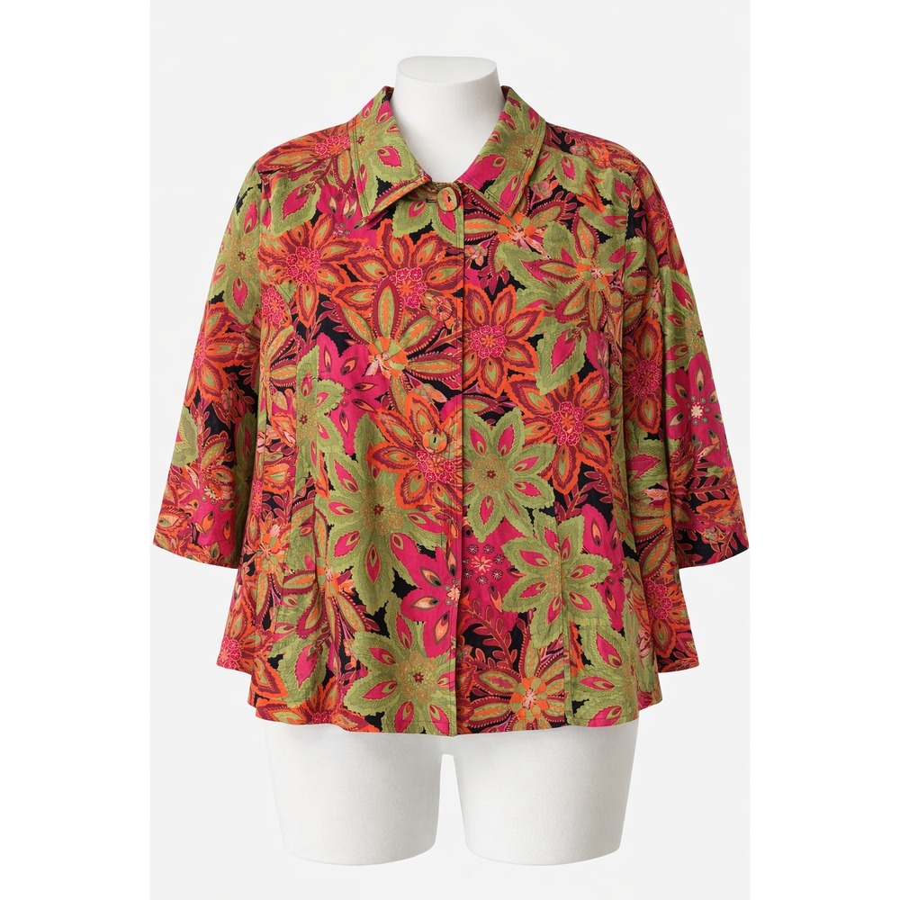 Bamboo Traders Womens 2X Floral Button Front Shirt Shacket Pink Green 3/4 Sleeve